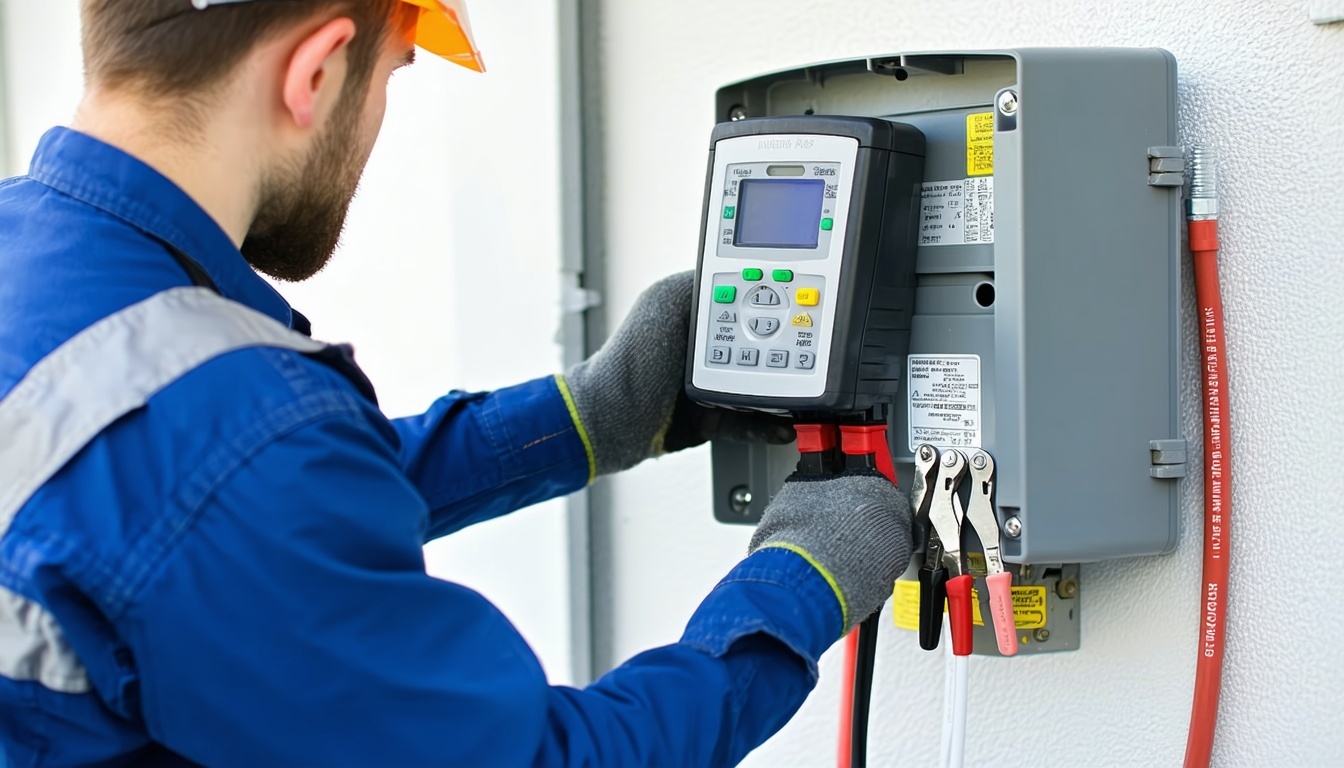 Technician installing a modern smart meter with ad